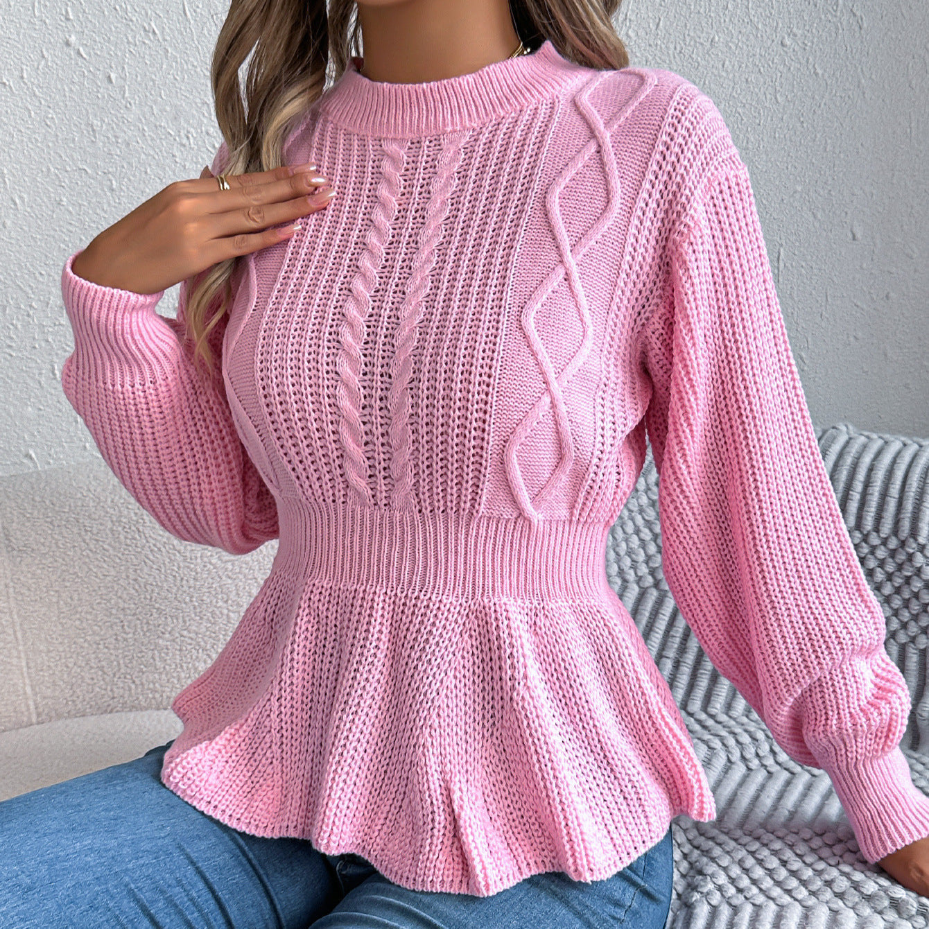Pullover a Trecce con Maniche a Sbuffo