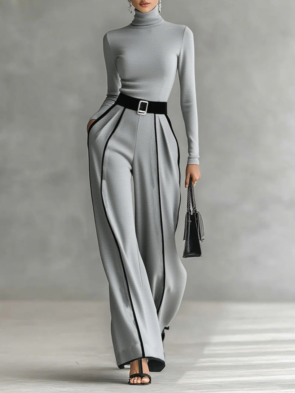Solana - Set di Top a Collo Alto con Maniche Lunghe e Pantaloni a Gamba Larga con Cintura