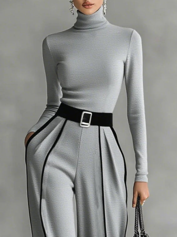 Solana - Set di Top a Collo Alto con Maniche Lunghe e Pantaloni a Gamba Larga con Cintura