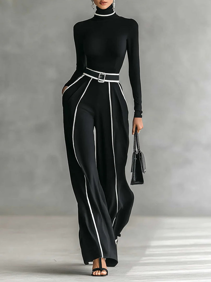 Solana - Set di Top a Collo Alto con Maniche Lunghe e Pantaloni a Gamba Larga con Cintura