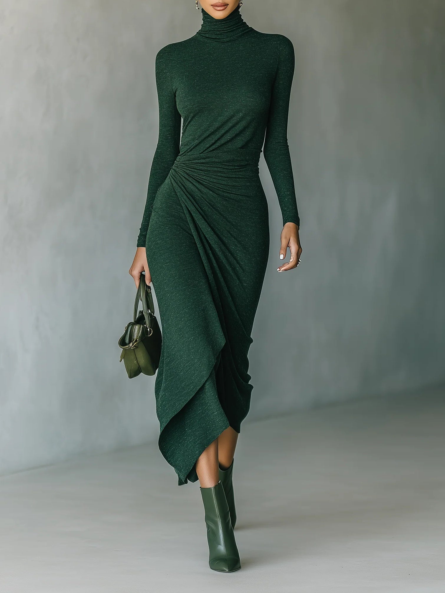 Lenora - Abito midi avvolgente asimmetrico con pieghe e collo alto verde scuro