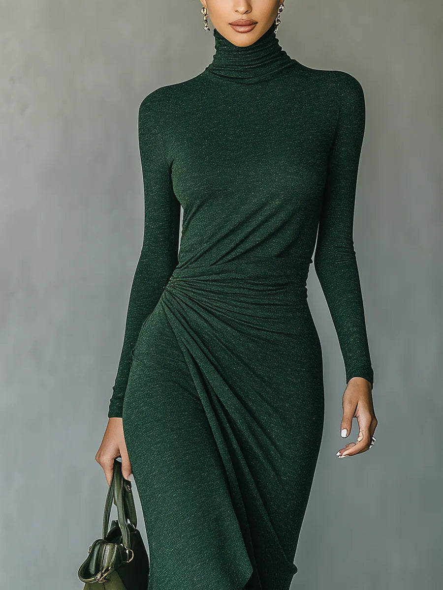 Lenora - Abito midi avvolgente asimmetrico con pieghe e collo alto verde scuro