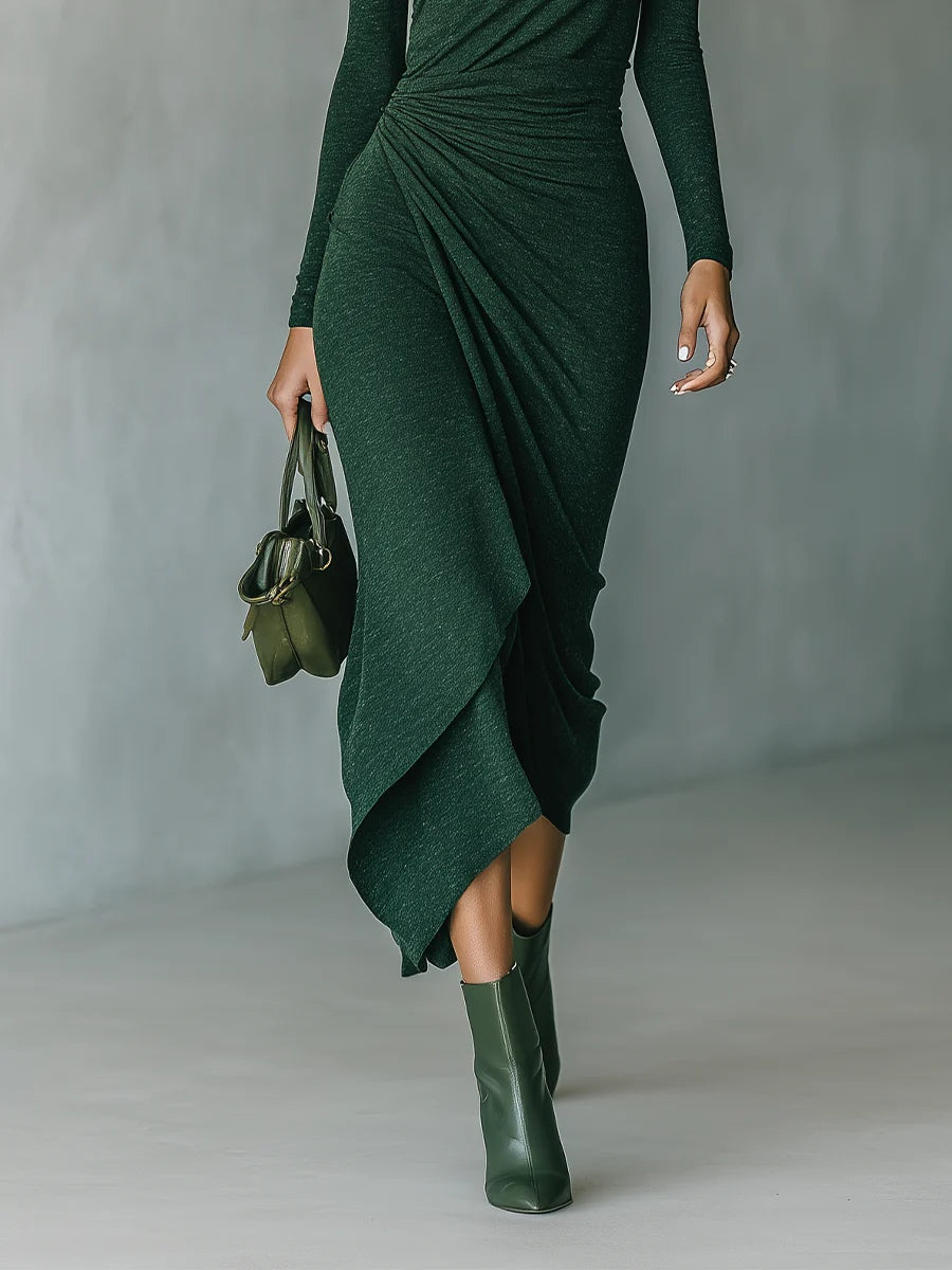 Lenora - Abito midi avvolgente asimmetrico con pieghe e collo alto verde scuro