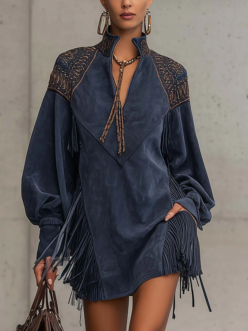 JUNO | Mini Dress Indigo Embroidered Stand Collar