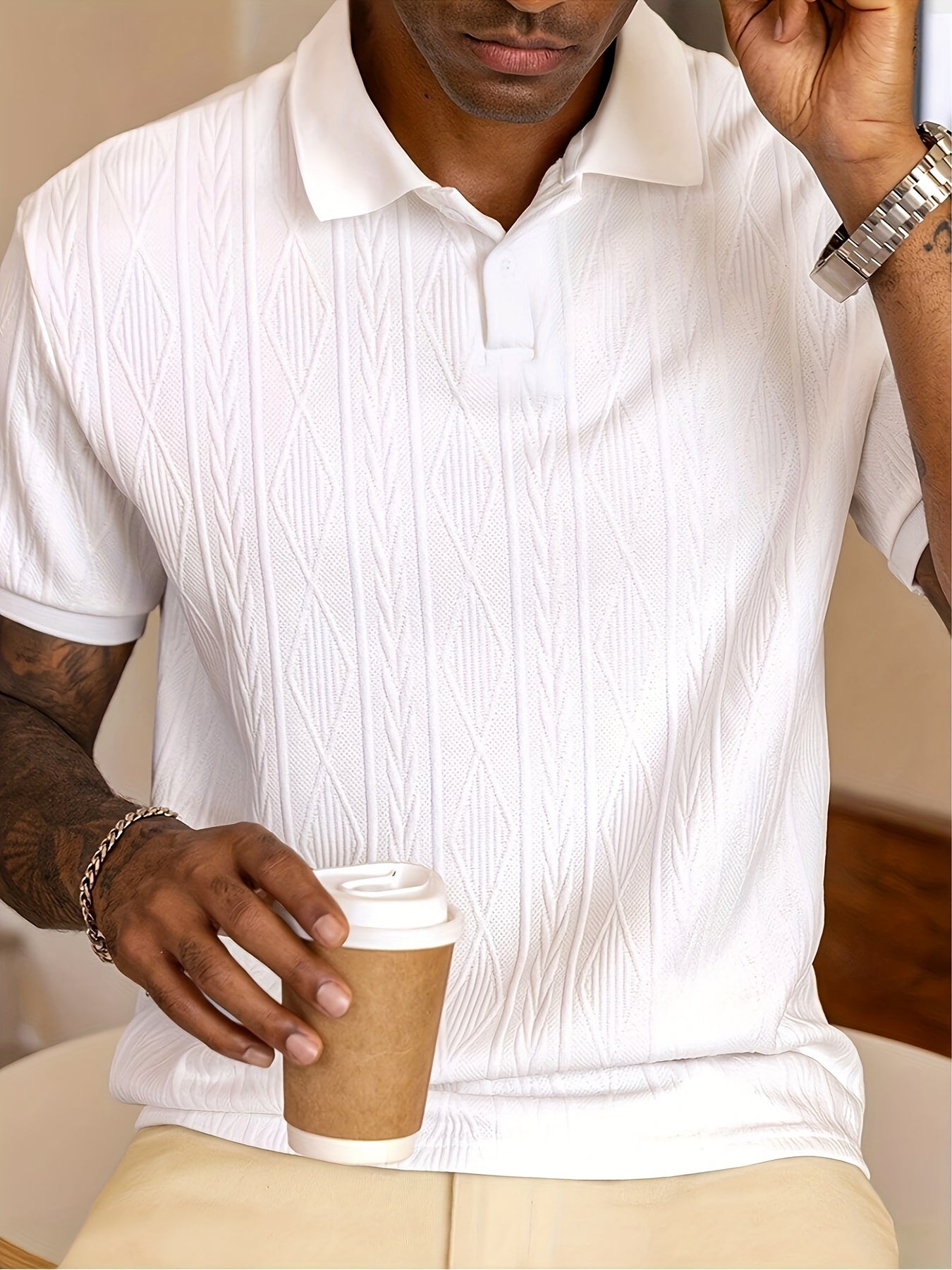 Nuovo top da uomo in tinta unita, design jacquard, tessuto morbido, polo traspirante casual da esterno per affari, adatto per le vacanze e gli appuntamenti di lavoro, essenziale per il tempo libero quotidiano.