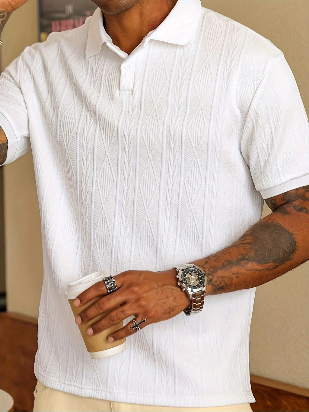 Nuovo top da uomo in tinta unita, design jacquard, tessuto morbido, polo traspirante casual da esterno per affari, adatto per le vacanze e gli appuntamenti di lavoro, essenziale per il tempo libero quotidiano.