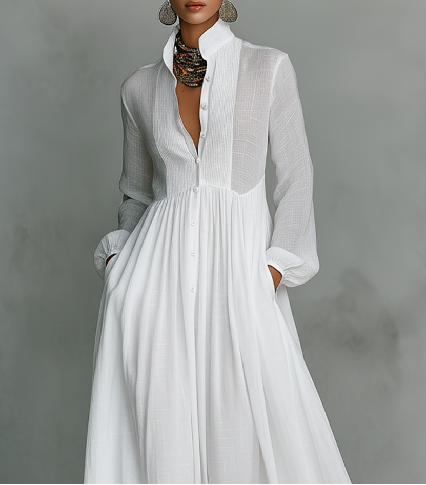 Elisa - Maxi Minimalista in Cotone e Lino con Patchwork, Collo Alto e Maniche Lunghe