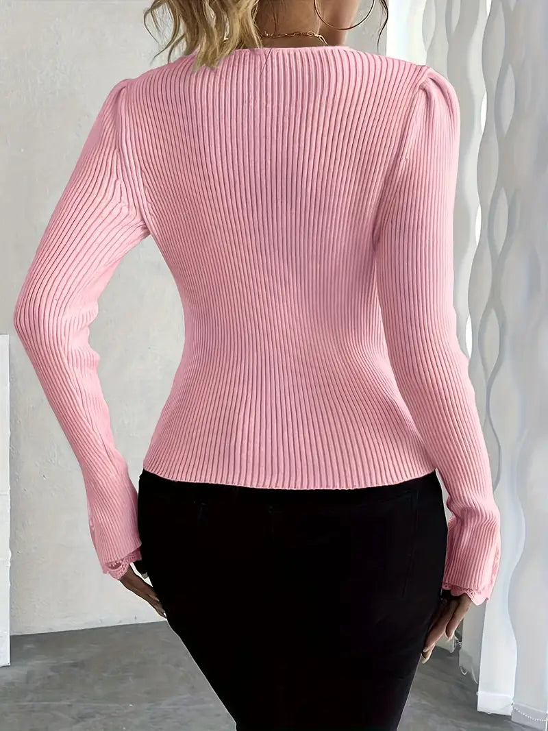 Maglia a Coste con Scollo a V e Maniche in Pizzo