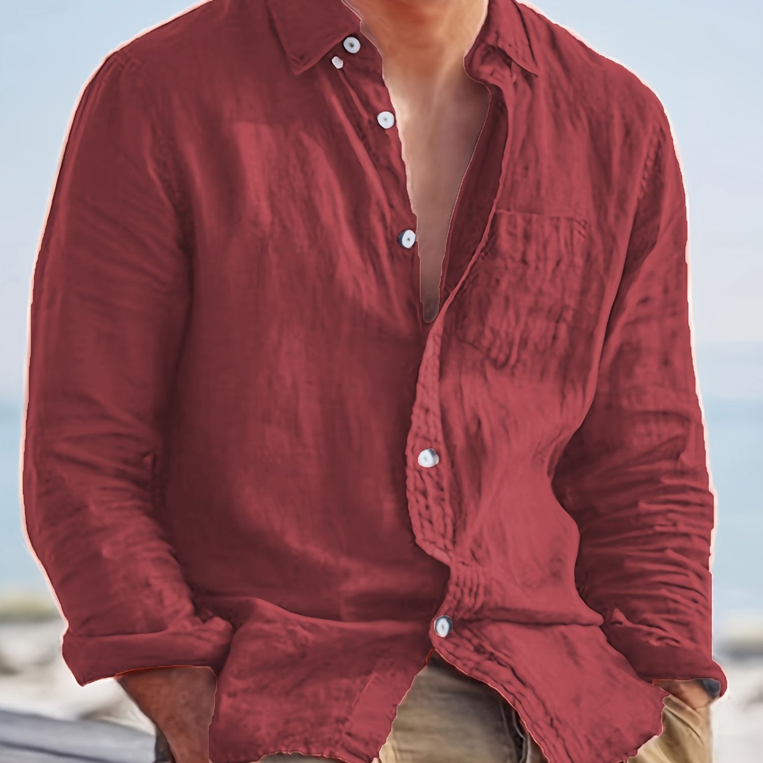 Camicia casual da uomo a maniche lunghe, alla moda, facile, comoda, trendy, tinta unita, con bottoni, adatta a tutti gli abiti, camicia a maniche lunghe