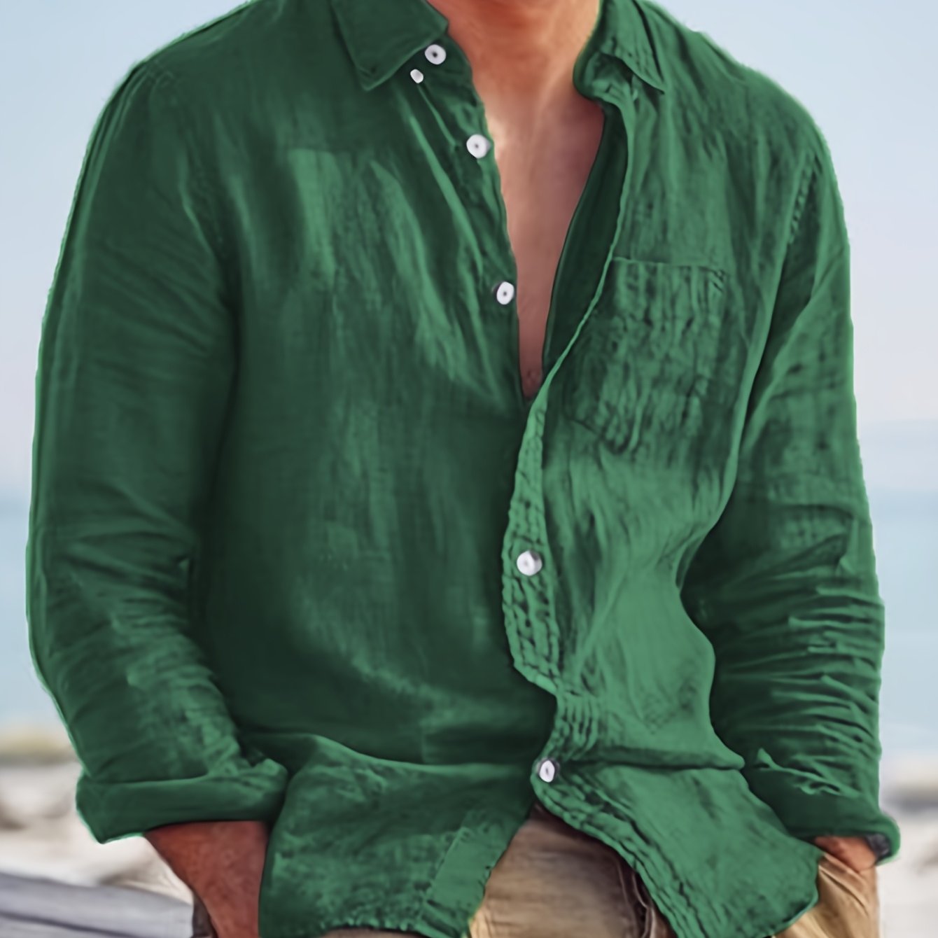 Camicia casual da uomo a maniche lunghe, alla moda, facile, comoda, trendy, tinta unita, con bottoni, adatta a tutti gli abiti, camicia a maniche lunghe