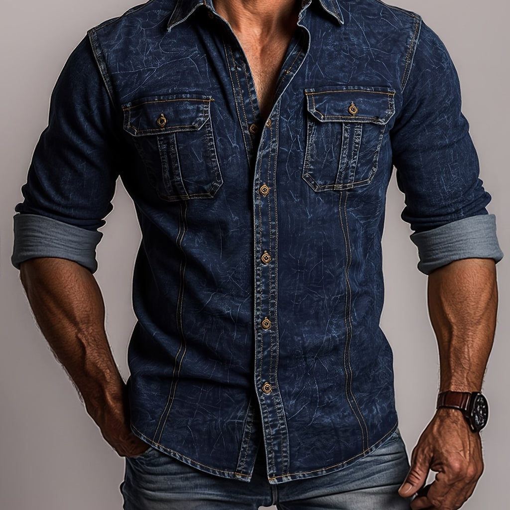 Camicia di jeans da uomo alla moda, nuova tendenza, camicetta di jeans da uomo, camicia di jeans primavera autunno, bad boy, affascinante, doppio taschino, camicia di jeans casual a maniche lunghe, top di jeans versatile