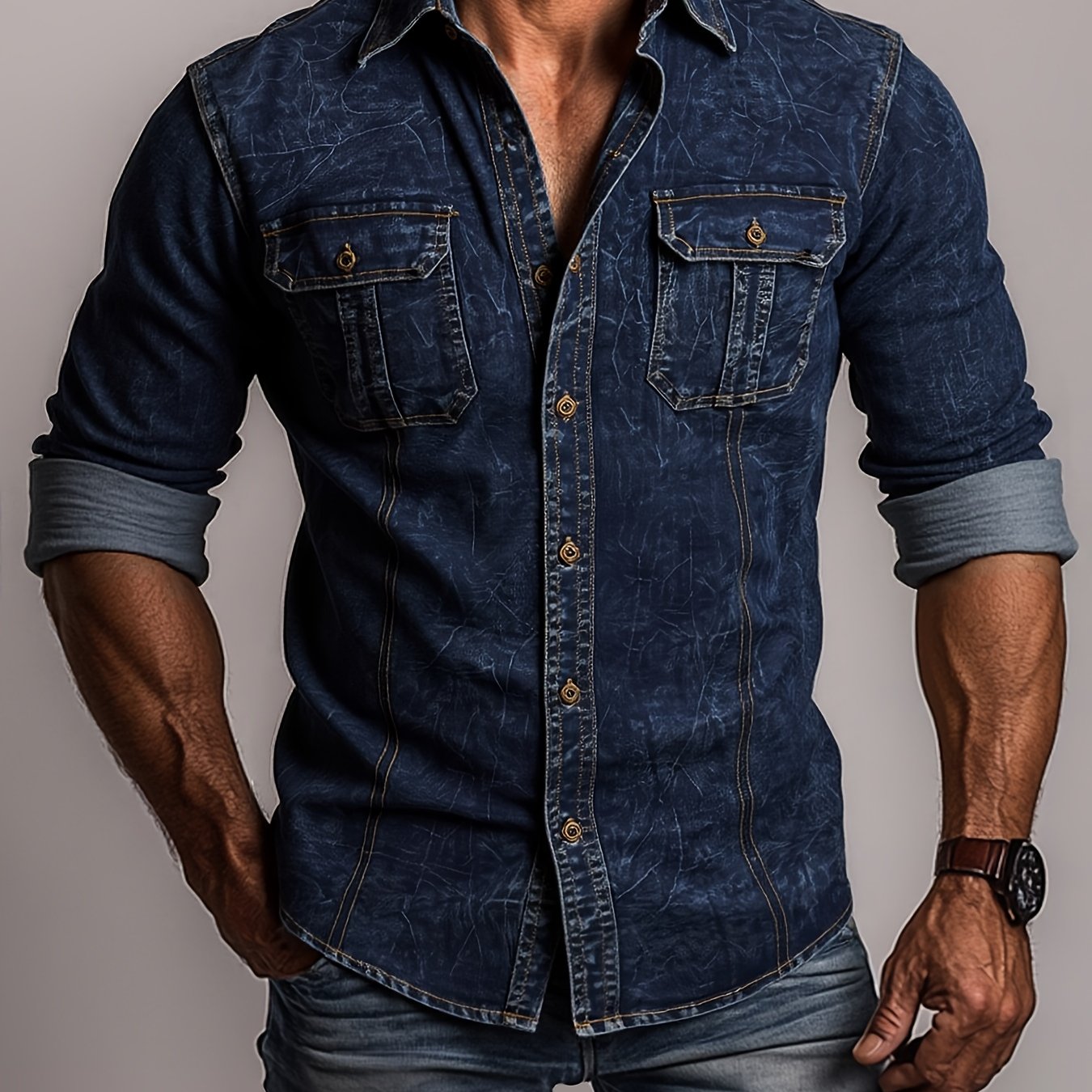 Camicia di jeans da uomo alla moda, nuova tendenza, camicetta di jeans da uomo, camicia di jeans primavera autunno, bad boy, affascinante, doppio taschino, camicia di jeans casual a maniche lunghe, top di jeans versatile