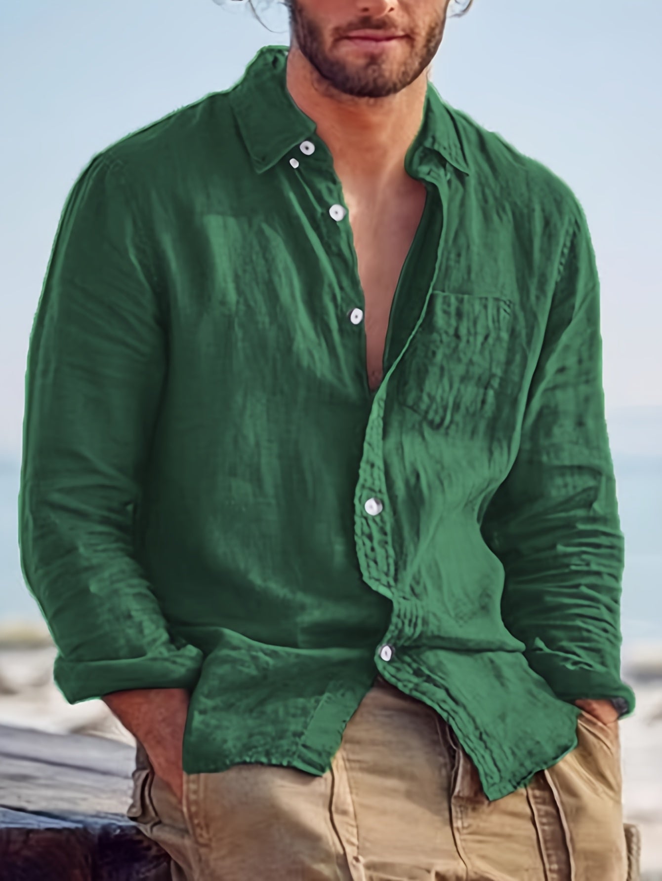 Camicia casual da uomo a maniche lunghe, alla moda, facile, comoda, trendy, tinta unita, con bottoni, adatta a tutti gli abiti, camicia a maniche lunghe