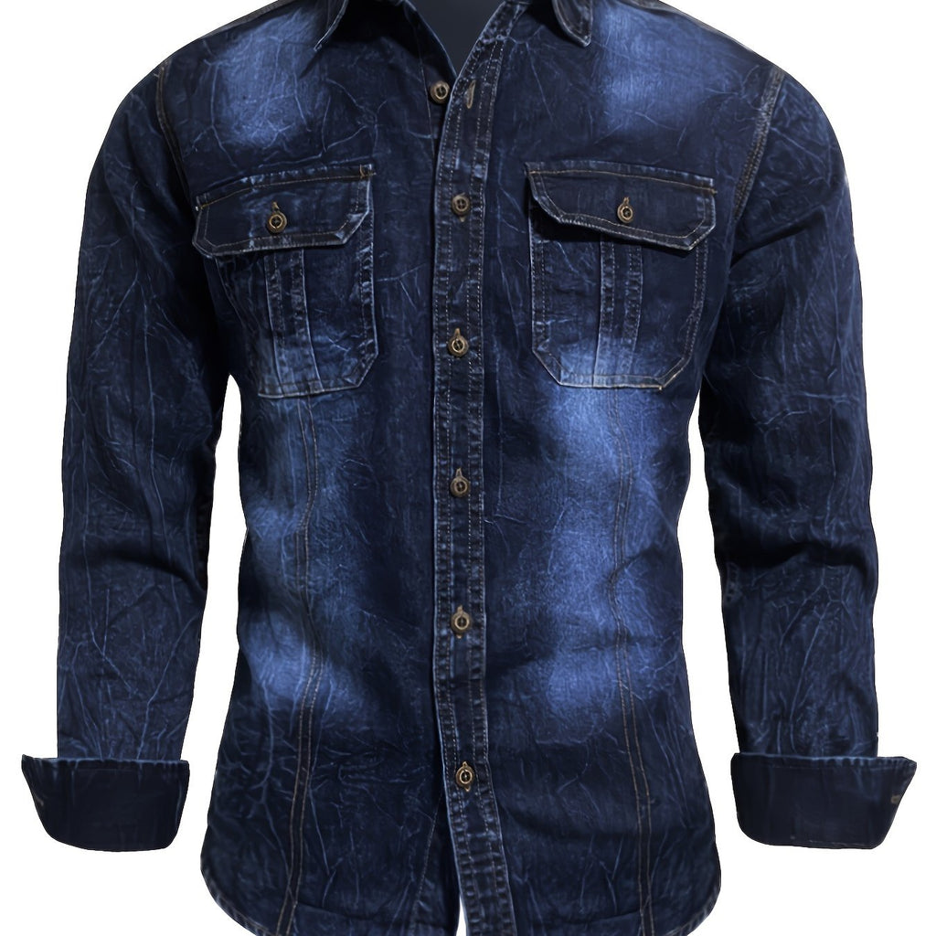 Camicia di jeans da uomo alla moda, nuova tendenza, camicetta di jeans da uomo, camicia di jeans primavera autunno, bad boy, affascinante, doppio taschino, camicia di jeans casual a maniche lunghe, top di jeans versatile