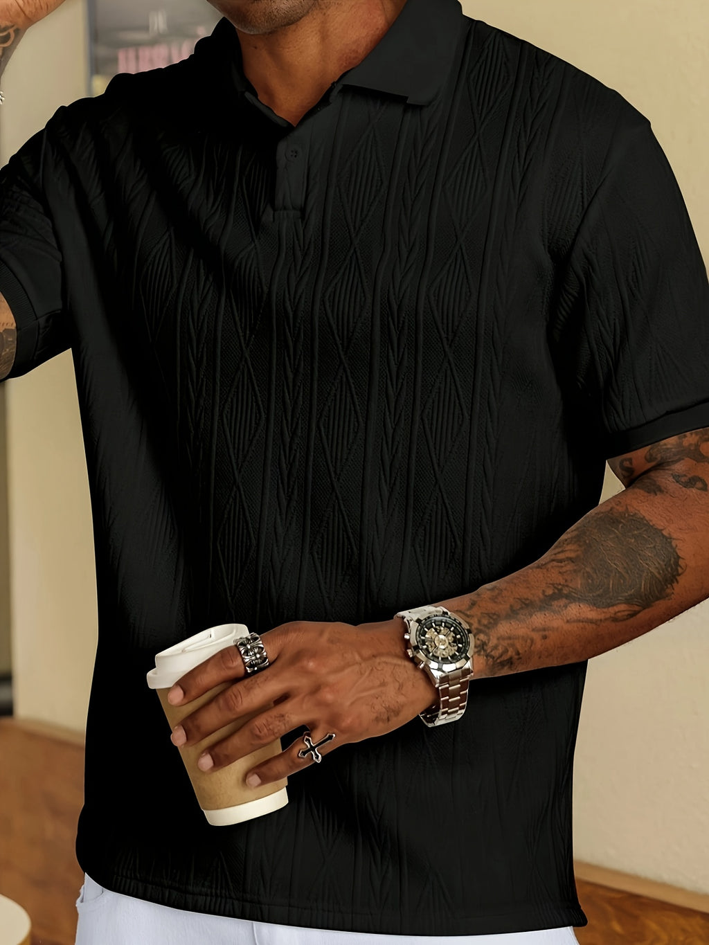 Nuovo top da uomo in tinta unita, design jacquard, tessuto morbido, polo traspirante casual da esterno per affari, adatto per le vacanze e gli appuntamenti di lavoro, essenziale per il tempo libero quotidiano.