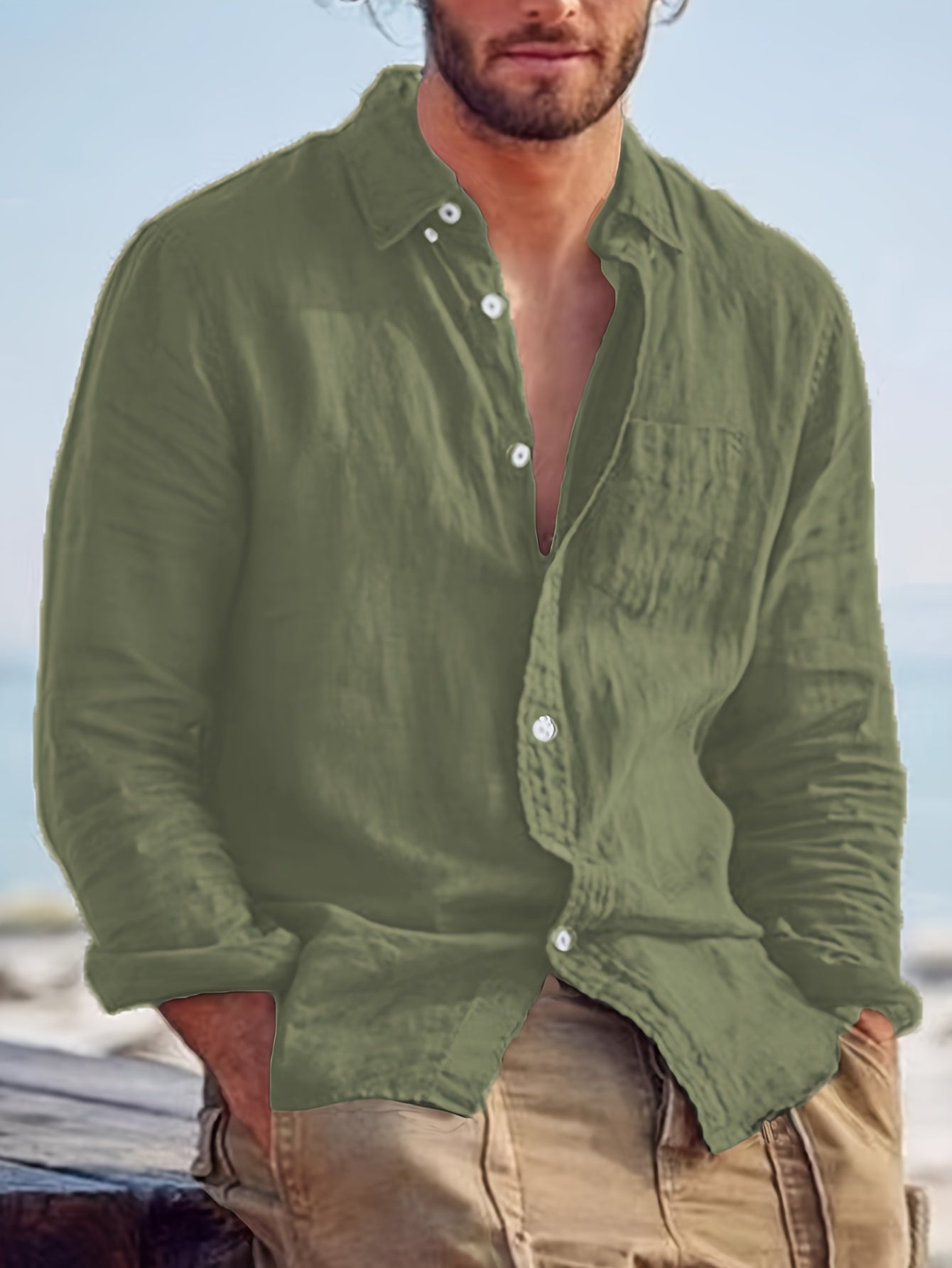 Camicia casual da uomo a maniche lunghe, alla moda, facile, comoda, trendy, tinta unita, con bottoni, adatta a tutti gli abiti, camicia a maniche lunghe