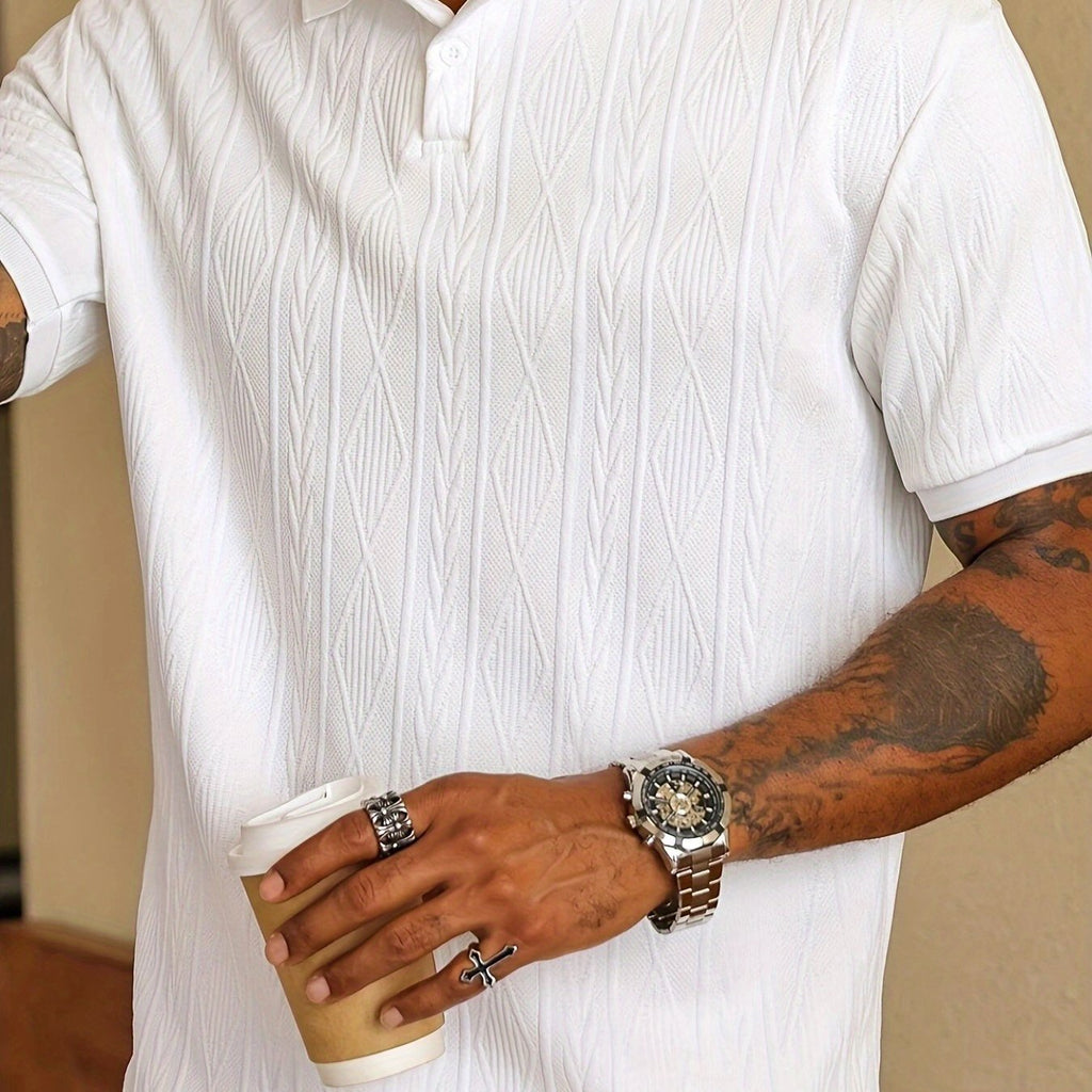 Nuovo top da uomo in tinta unita, design jacquard, tessuto morbido, polo traspirante casual da esterno per affari, adatto per le vacanze e gli appuntamenti di lavoro, essenziale per il tempo libero quotidiano.