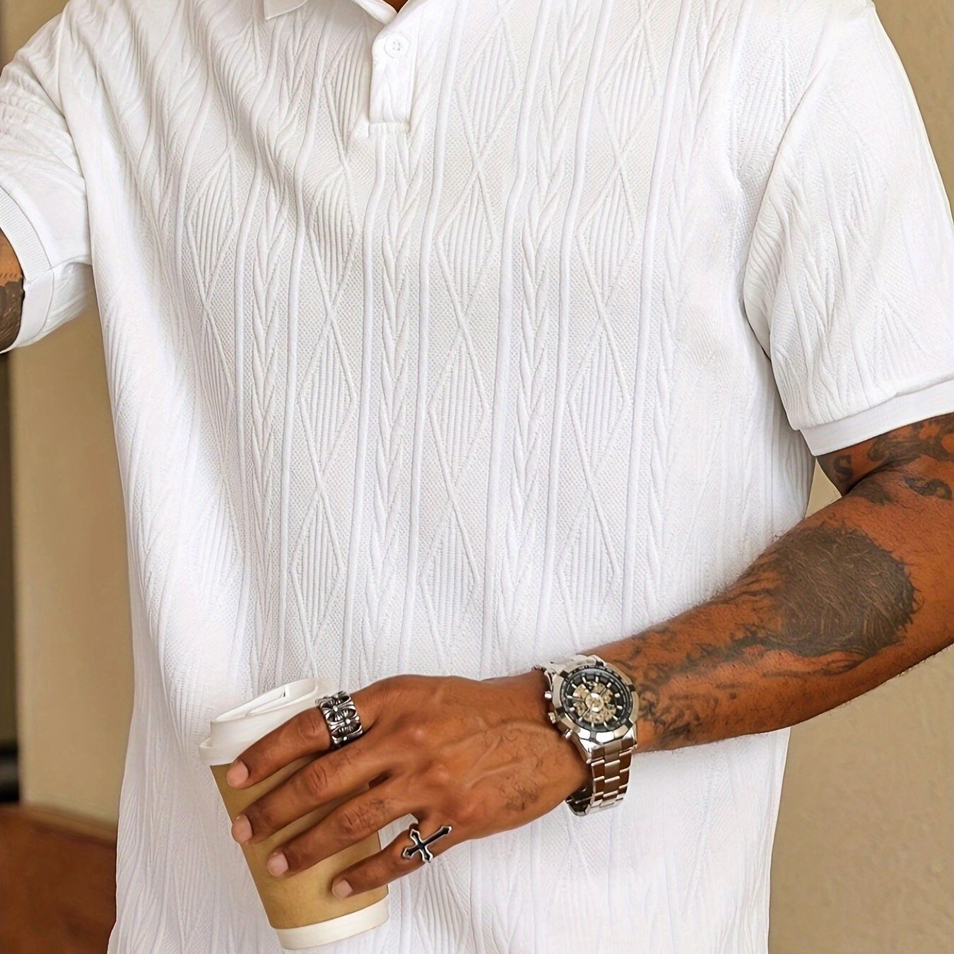 Nuovo top da uomo in tinta unita, design jacquard, tessuto morbido, polo traspirante casual da esterno per affari, adatto per le vacanze e gli appuntamenti di lavoro, essenziale per il tempo libero quotidiano.