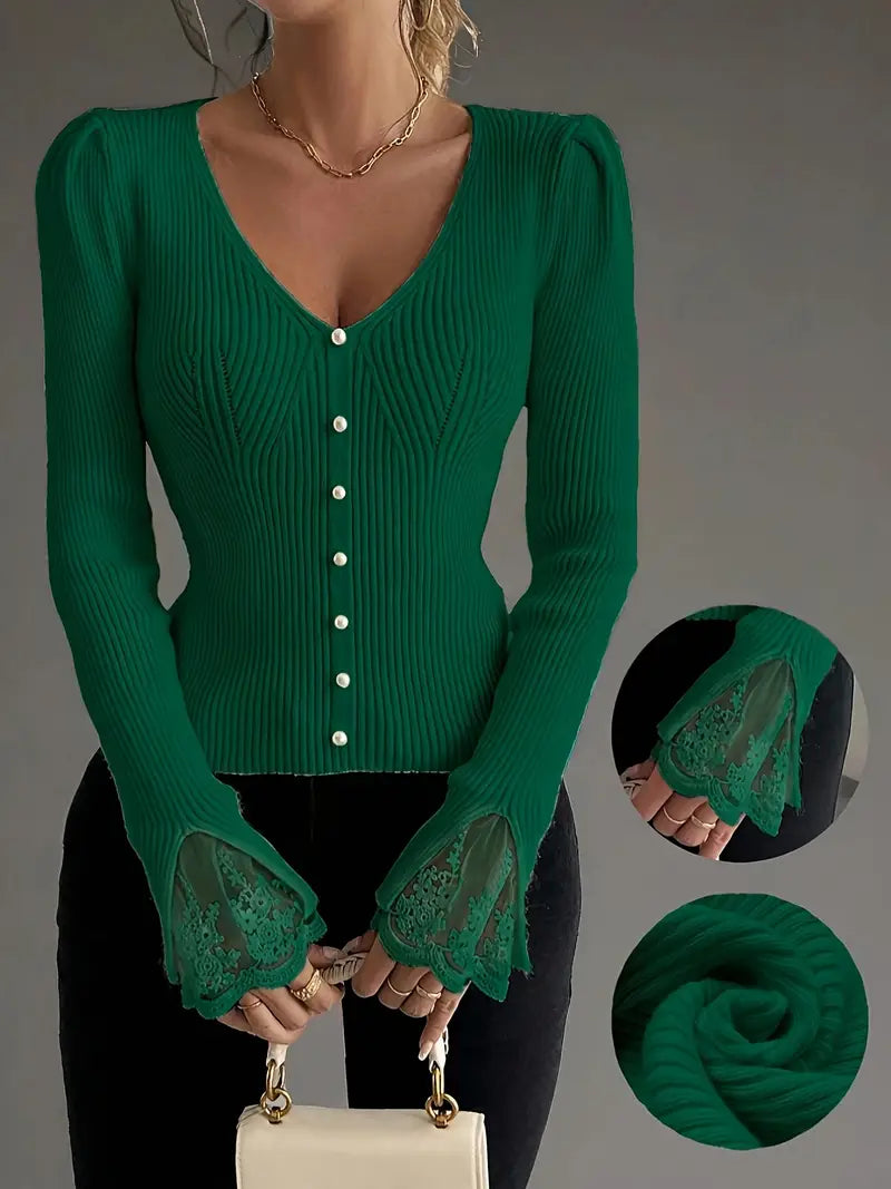 Maglia a Coste con Scollo a V e Maniche in Pizzo