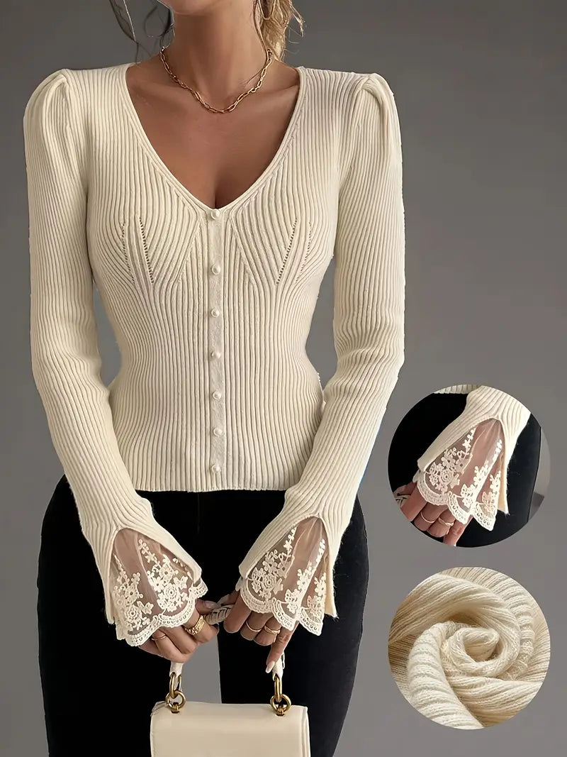 Maglia a Coste con Scollo a V e Maniche in Pizzo