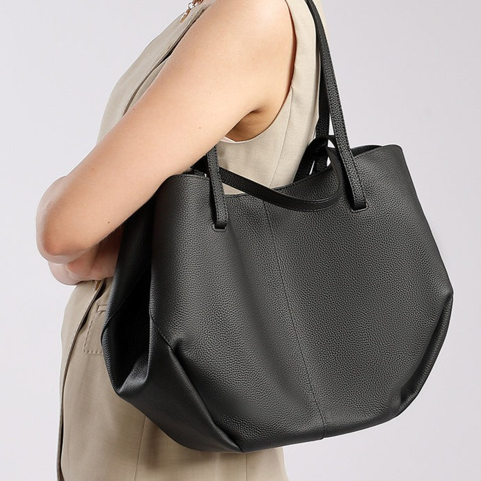 Elegant Genuine Pebbled Leather Tote Bag with Pouch