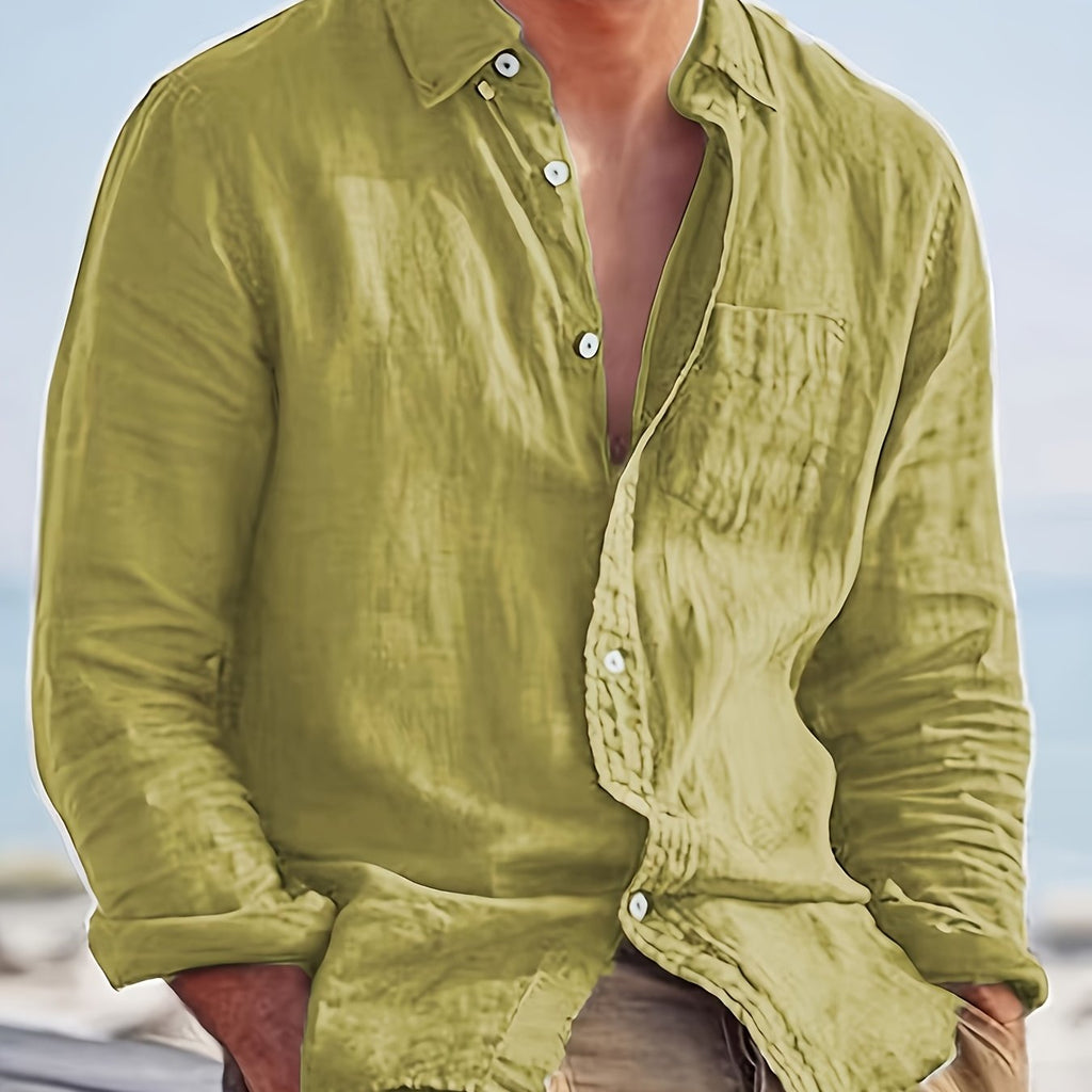 Camicia casual da uomo a maniche lunghe, alla moda, facile, comoda, trendy, tinta unita, con bottoni, adatta a tutti gli abiti, camicia a maniche lunghe