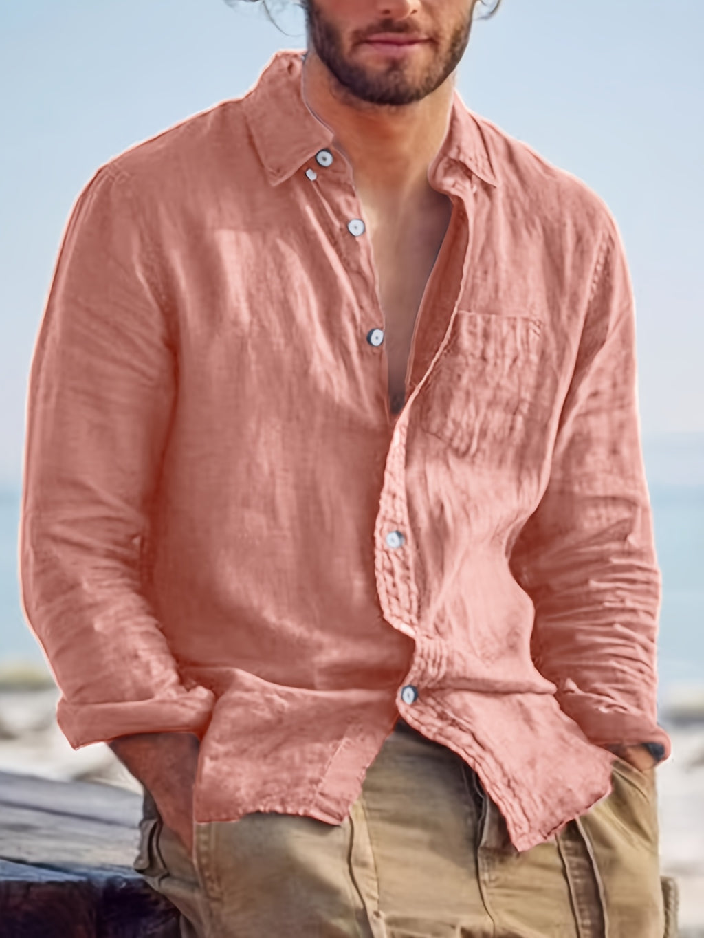 Camicia casual da uomo a maniche lunghe, alla moda, facile, comoda, trendy, tinta unita, con bottoni, adatta a tutti gli abiti, camicia a maniche lunghe