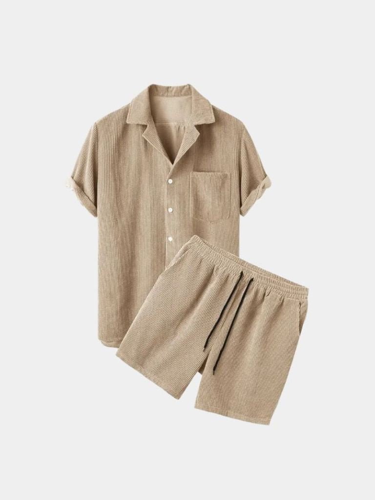 Set Estivo in Velluto a Corda con Pantaloni Corti e Camicia