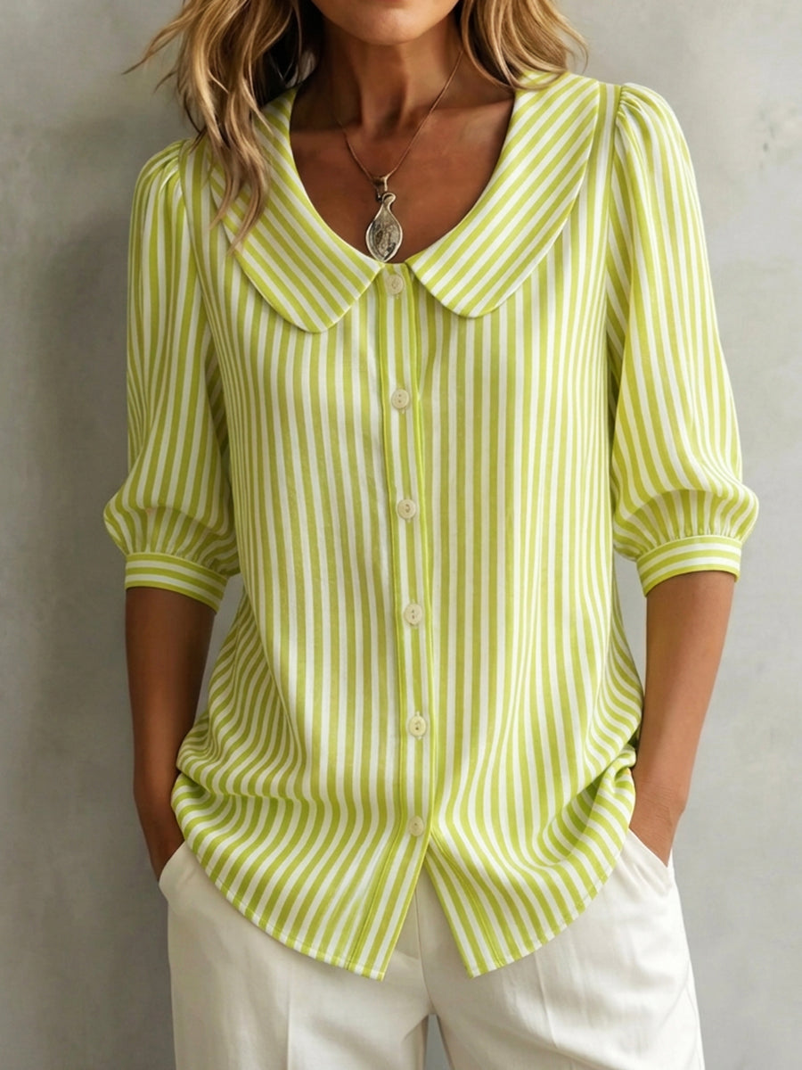 Allegra | Camicia Vintage a Righe con Colletto Peter Pan in Cotone e Lino