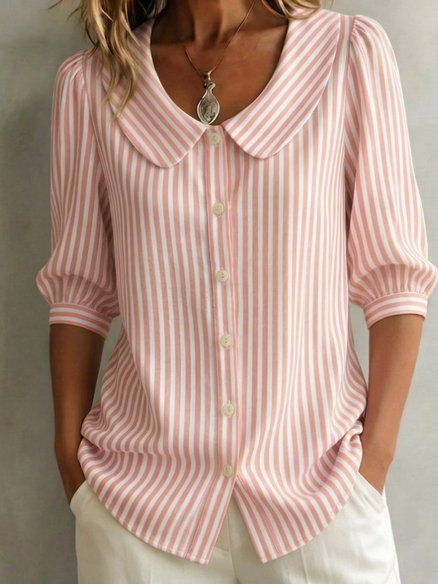 Allegra | Camicia Vintage a Righe con Colletto Peter Pan in Cotone e Lino