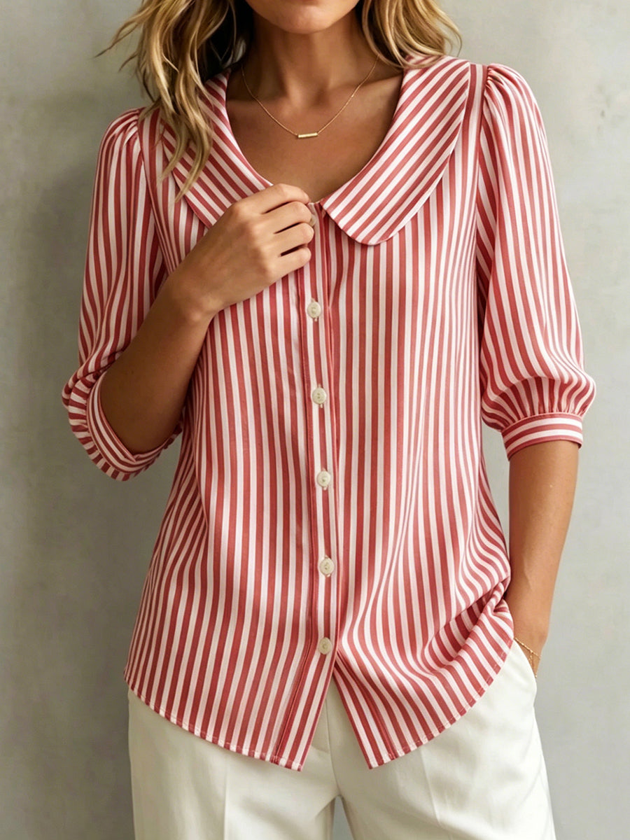 Allegra | Camicia Vintage a Righe con Colletto Peter Pan in Cotone e Lino