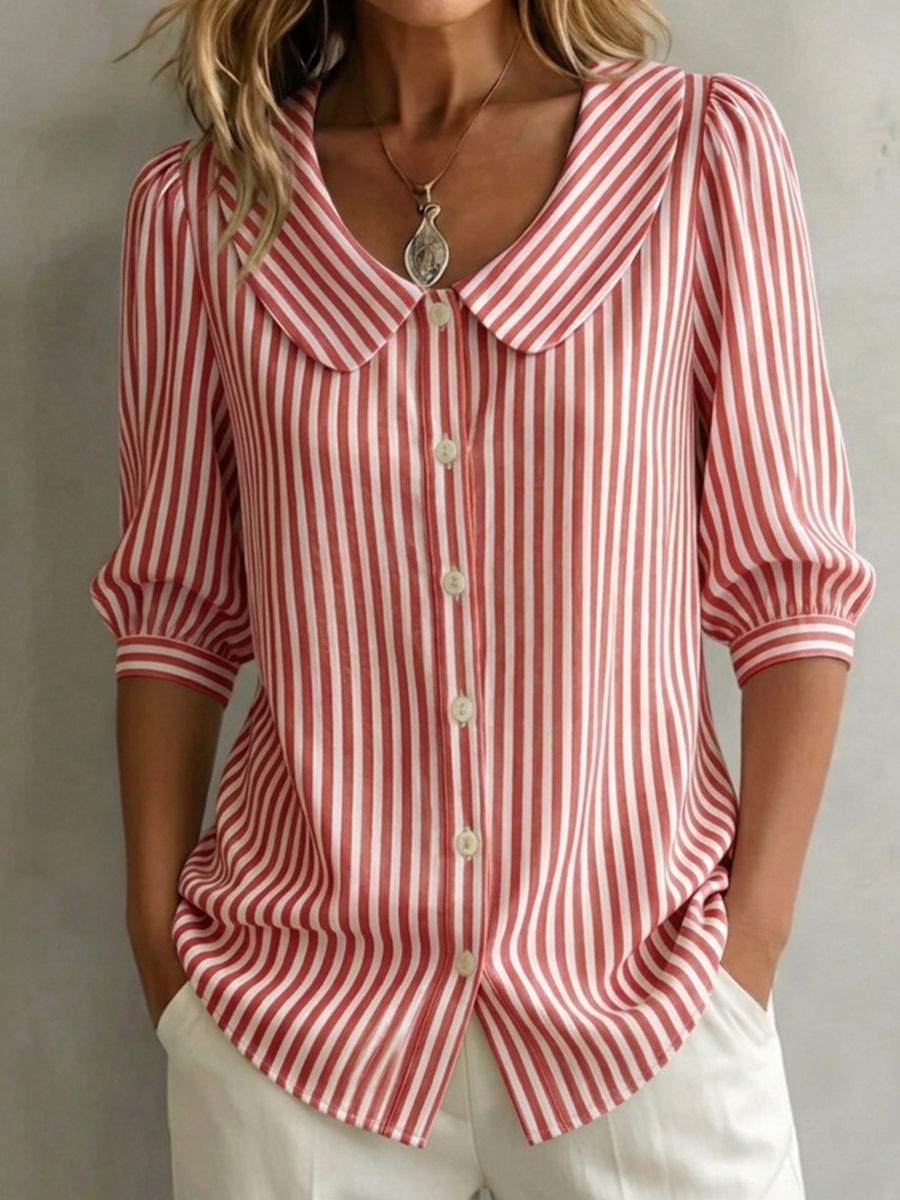 Allegra | Camicia Vintage a Righe con Colletto Peter Pan in Cotone e Lino