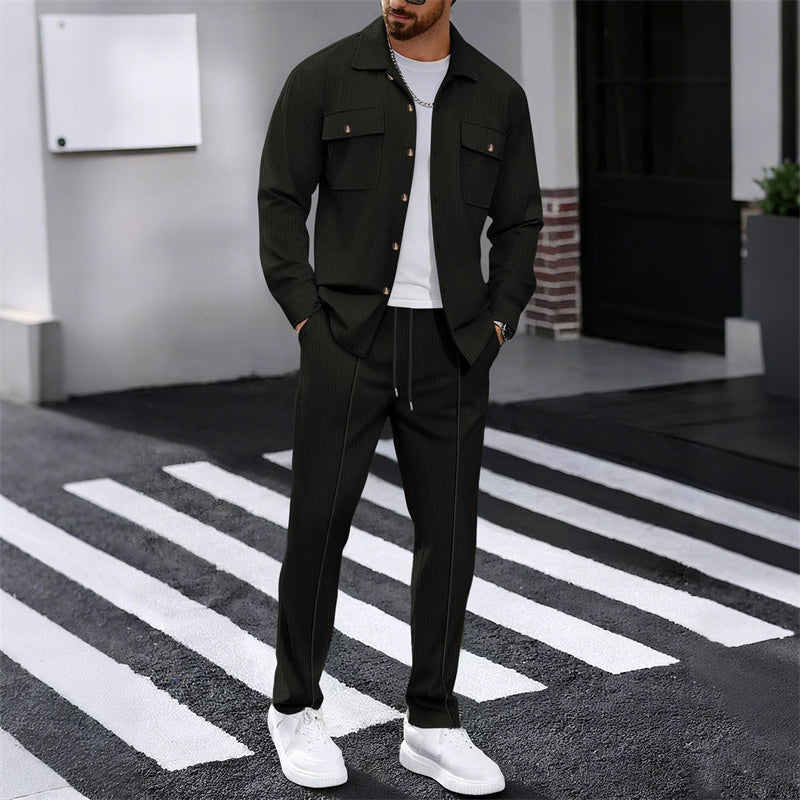 🔥 SCONTO DEL 50%! ⏰ Completo da uomo con giacca abbottonata + pantaloni in maglia a nido d'ape – Taglio ampio, tessuto traspirante e stile casual elegante 👕👖